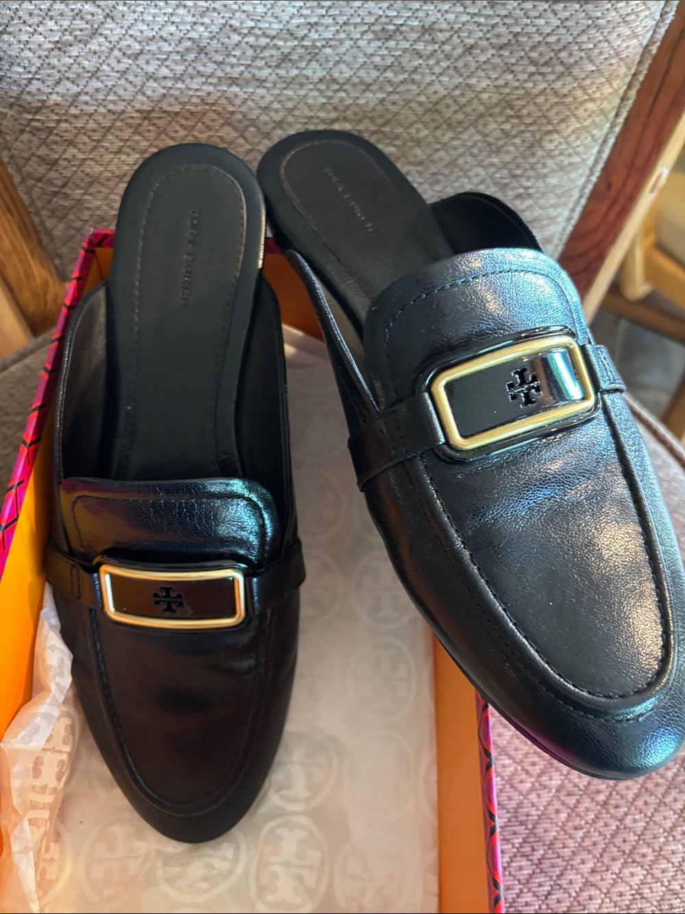 Tory Burch Black Leather Logo Buckle Slip-On Loafers